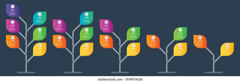 Info graphic on dark background. Vertical Infographics with 2, 3, 4, 5, 6 parts. Stylized plants with leaves. Development and growth of the nature-like technologies. Business presentation with 5 steps