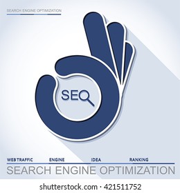 Info graphic perfect SEO - search engine optimization. Concept with OK hand, vector
