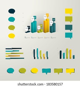 Info graphic set elements. Collection of plastic 3D graphs and minimalistic speech bubbles for print or web page. Vector background.