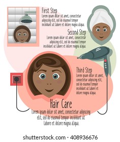 Info graphic or set information about hair care and hairdressing salon or barbershop. Vector illustration. Poster, banner, logo, advertisement.