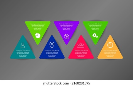 Info graphic with seven color triangle box with shadow on gray background