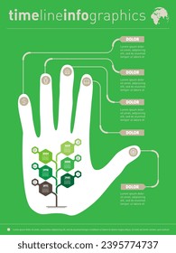 Info graphic of technology or education process with 6 parts and icons. Infographics or timeline with human hand silhouette on green background. Visual concept.