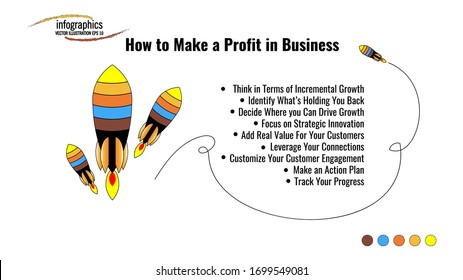 Info graphic template about how to make profit in business with 4 rocket illustration and futuristic curve lines. Can be used for process, presentation, diagram, workflow layout, info graph, brochure,