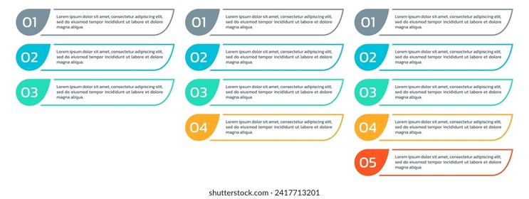 Info Grafik-Vorlage mit 3,4,5 Schritten oder Optionen gesetzt. Listendiagramm, Diagramm mit fünf Ebenen. Business Infografik, Präsentation, modernes Layout mit vertikalen Elementen. Vektorgrafik.