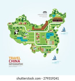 Info graphic travel and landmark china map shape template design. country navigator concept vector illustration / graphic or web design layout.