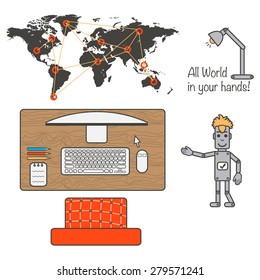 Info graphic, working place, set of chair, table, computer, world map, robot, vector illustration