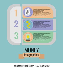 Info graphics with business and money icons and inscription on blue background