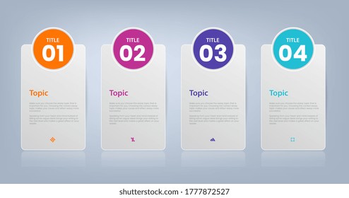 Los iconos de vectores y marketing de diseño gráfico de información se pueden utilizar para los pasos de flujo de trabajo, diagrama, informe anual, diseño web. Concepto de negocio con 4 opciones, pasos o procesos.