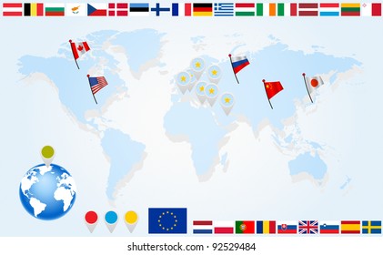 Info graphics. Flags of EU countries on world map and globe with pointers