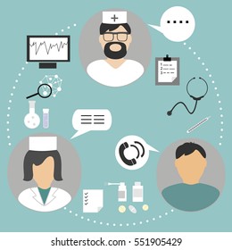 Info graphics on medical theme. Patient, patient, doctor, pharmacist. The healing process.