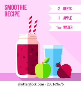  Info graphics of red beet smoothie recipe. Menu element for cafe or restaurant. Infographics. Fresh juice for healthy life.