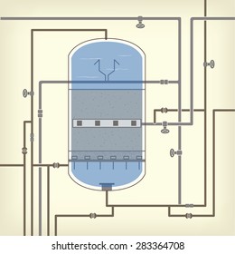Info graphics scheme with a liquid, a water tank, pipes, water purification, filter