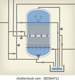 Info graphics scheme with a liquid, a water tank, pipes, water purification, filter
