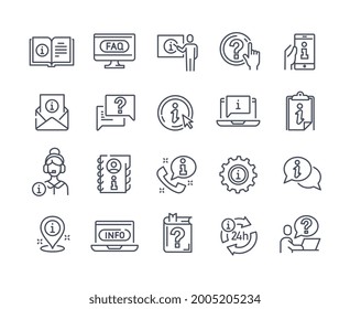 Info and help desk vector line icons. Contains such Icons as manual, FAQ, info center, guide reading and more. Editable stroke. Set of flat vector illustrations isolated on white background