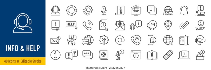 Info and help web icons in line style. Information, assistant, support, online help, manual, online help, info center, instruction, rules, collection. Vector illustration.