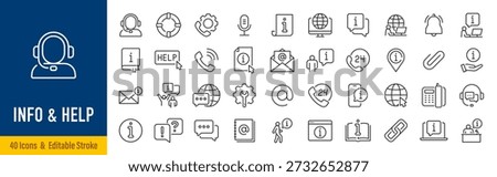 Info and help web icons in line style. Information, assistant, support, online help, manual, online help, info center, instruction, rules, collection. Vector illustration.