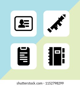 info icon. 4 info set with bazooka, business card of a man with contact info and files and folders vector icons for web and mobile app