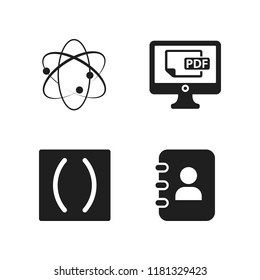 info icon. 4 info vector icons set. atomic theory, notebook of contacts and parenthesis icons for web and design about info theme