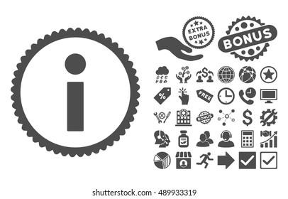 Info icon with bonus images. Vector illustration style is flat iconic symbols, gray color, white background.