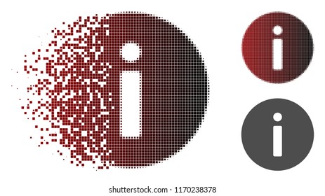 Info icon in dissolved, pixelated halftone and undamaged entire versions. Elements are grouped into vector disappearing info icon.