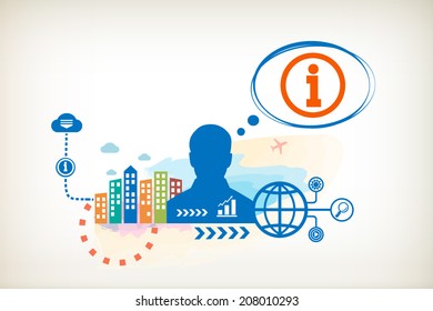 Info icon and person with bubbles for dialogue. Think and decide.