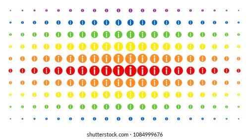 Info icon rainbow colored halftone pattern. Vector info pictograms are organized into halftone grid with vertical spectrum gradient. Designed for backgrounds, covers,