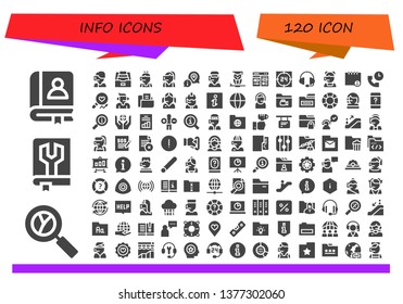 info icon set. 120 filled info icons.  Simple modern icons about  - Faq, Analytics, Manual, Call center, Folder, Information, Wisdom, Cms, Support, Info, Analysis, Worldwide, Customer service