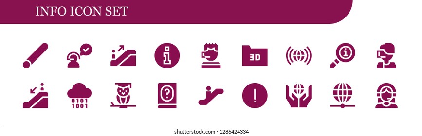  info icon set. 18 filled info icons. Simple modern icons about  - Chalk, Customer service, Escalator, Information, Call center, Folder, Worldwide, Info, Escalator down, Binary
