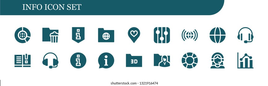 info icon set. 18 filled info icons.  Simple modern icons about  - Big data, Folder, Information, Favorite, Levels, Worldwide, Support, Manual, Customer support, Analytics