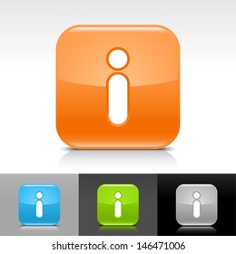 Info icon set. Blue, orange, green, gray color glossy web button with white sign. Rounded square shape with shadow, reflection on white, gray, black background. Vector illustration element 8 eps 