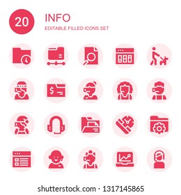 info icon set. Collection of 20 filled info icons included Folder, Analysis, Analytics, Walk, Call center, Headset, Service, Customer service