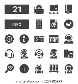 info icon set. Collection of 21 filled info icons included Call center, Folder, Information, Favorites, Telemarketing, Headset, Customer service, Analytics, Information sign, Info