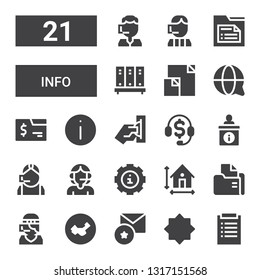 info icon set. Collection of 21 filled info icons included Diagnosis, Night mode, Favorite, China, Call center, Folder, Dimension, Info, Information, Telemarketing, Insert coin