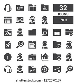 info icon set. Collection of 32 filled info icons included Favorites, Data, Info, Folder, Call center, Headset, Dimension, Information, Analytics, Analysis