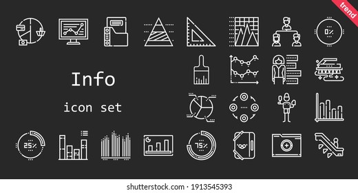 Info-Icon-Set. Zeilensymbol-Stil. Infobezogene Symbole wie Pinsel, Zeilendiagramm, Quadrat, Rolltreppe, Ordner, Pinsel, Prozentsatz, Balkendiagramm, Kuchendiagramm, Pyramide, Struktur