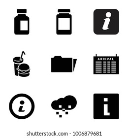 Info icons. set of 9 editable filled info icons such as arrival table, info, burger and drink, medical bottle, folder