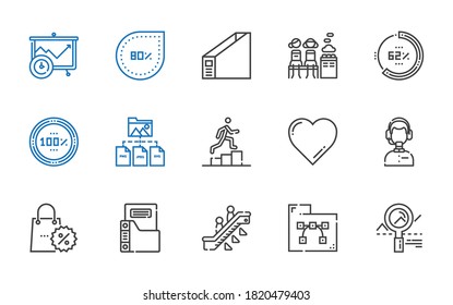 info icons set. Collection of info with analytics, folder, escalator, promotions, customer service, favorite, promotion, percentage, women only. Editable and scalable info icons.