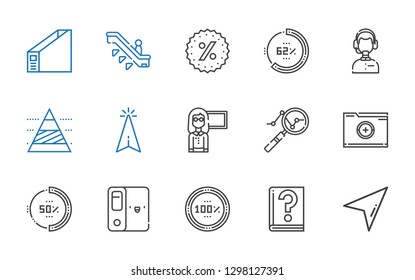 info icons set. Collection of info with cursor, guide, percentage, folder, analytics, pyramid chart, customer service, promotions, escalator. Editable and scalable info icons.