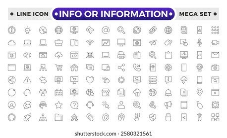 Info or Information outline icon set. Collection of help signs. Containing info, help, inform, support, news, instructions and notice icons. Online help, helpdesk, quick response, feedback and more.
