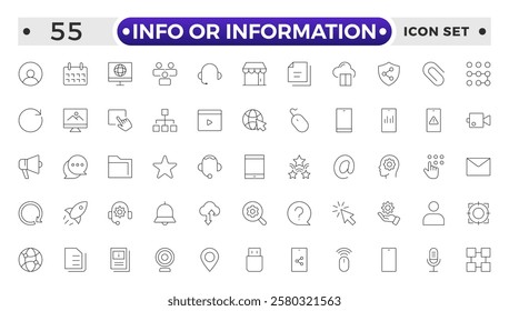 Info or Information outline icon set. Collection of help signs. Containing info, help, inform, support, news, instructions and notice icons. Online help, helpdesk, quick response, feedback and more.

