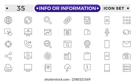 Info or Information outline icon set. Collection of help signs. Containing info, help, inform, support, news, instructions and notice icons. Online help, helpdesk, quick response, feedback and more.
