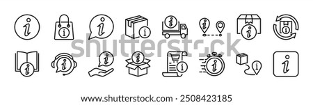 Info or information thin line icon vector set. Containing button, online shop, guidebook, customer service, delivery, package, tracking, shopping list, time, distance, return, communication, unboxing