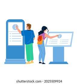 Info Kiosk Using People For Get Information Vector. Young Man And Woman Use Interactive Info Kiosk Service, Click Display With Touchscreen Technology. Characters Flat Cartoon Illustration