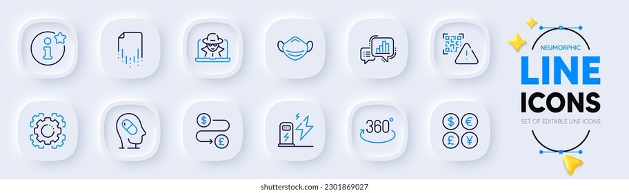 Info, Geldtransfer und Full Rotation Line Symbole für Web App. Packung der medizinischen Maske, Graph-Diagramm, Qr-Code-Piktogramm-Symbole. Betrügereien, Seo-Gang, Datenrettung. Geldwährung. Vektorgrafik