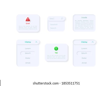 Info Panels UI Elements Kit. Search Field. Dropdown Menu Isolated Vector Icon, Bar And Dashboard Template. Web Design Widget Collection For Mobile Application With Light Theme Interface