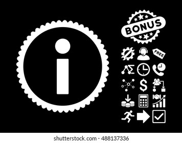 Info pictograph with bonus design elements. Vector illustration style is flat iconic symbols, white color, black background.
