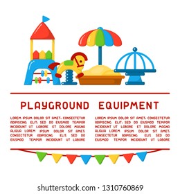 Info poster concept with playground equipment. Flat style vector illustration. Suitable for advertisement