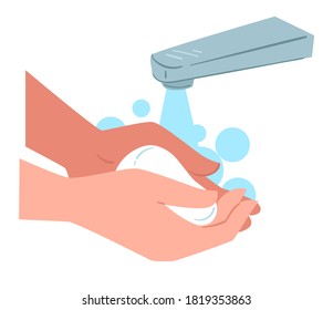 Info or recommendations on how to wash hands with soap. Sanitary procedure and personal hygiene. Cleanliness and protection immune system from viruses and bacteria. Running water from faucet vector