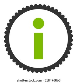 Info round stamp icon. This flat vector symbol is drawn with eco green and gray colors on a white background.