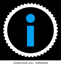Info round stamp icon. This flat vector symbol is drawn with blue and white colors on a black background.